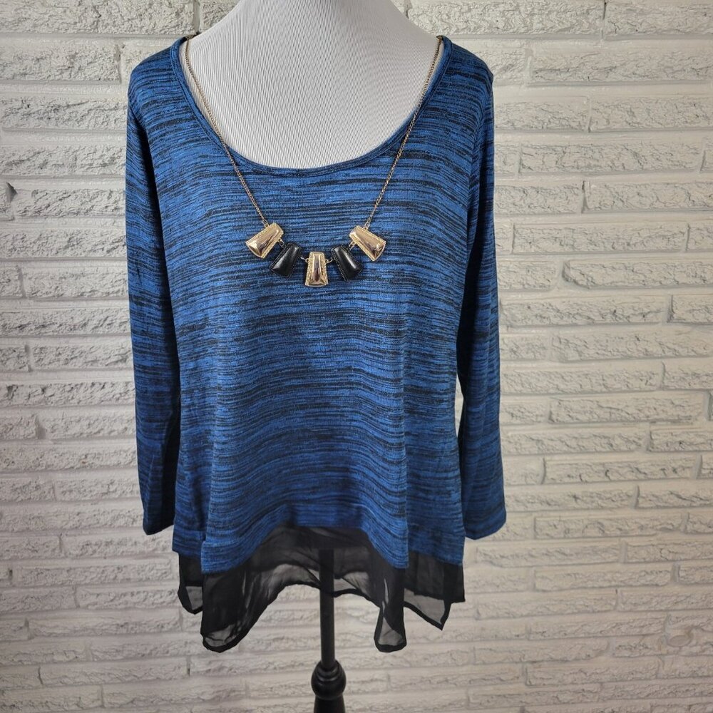 Bongo 1X Blouse Top Blue Heather Long Sleeve Chiffon Hem Plus Size Women BLU163E
